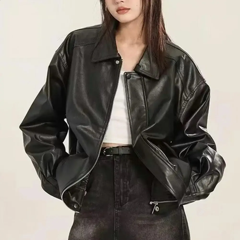 Retro American Style Faux Leather Jacket: Womens Loose Fit