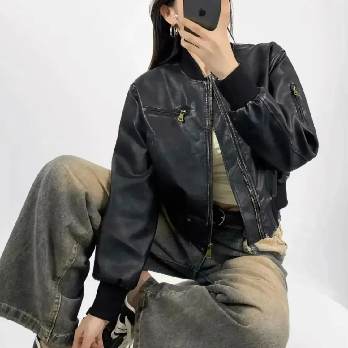 American Retro Womens PU Leather Bomber Jacket  From