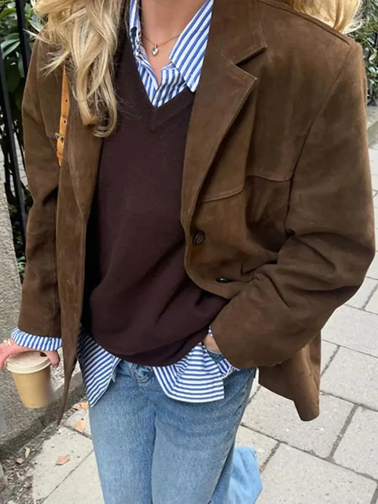 Veste En Daim Vintage Marron - Marque Guy Fulop - Taille M - Boutonnée Avec Poches, Doublée - Très Bon état
