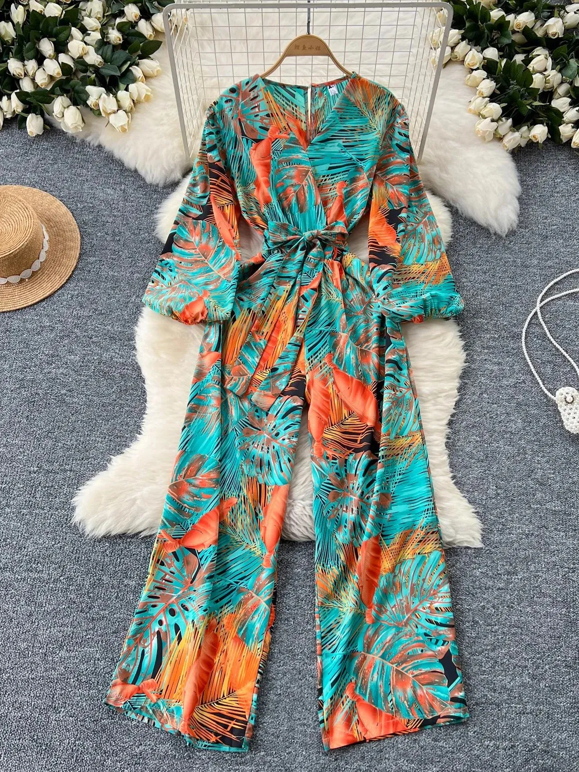 Elegant Printed Wide Leg Jumpsuit: Spring/Autumn V-Neck Romper Shop Now!  Best Seller