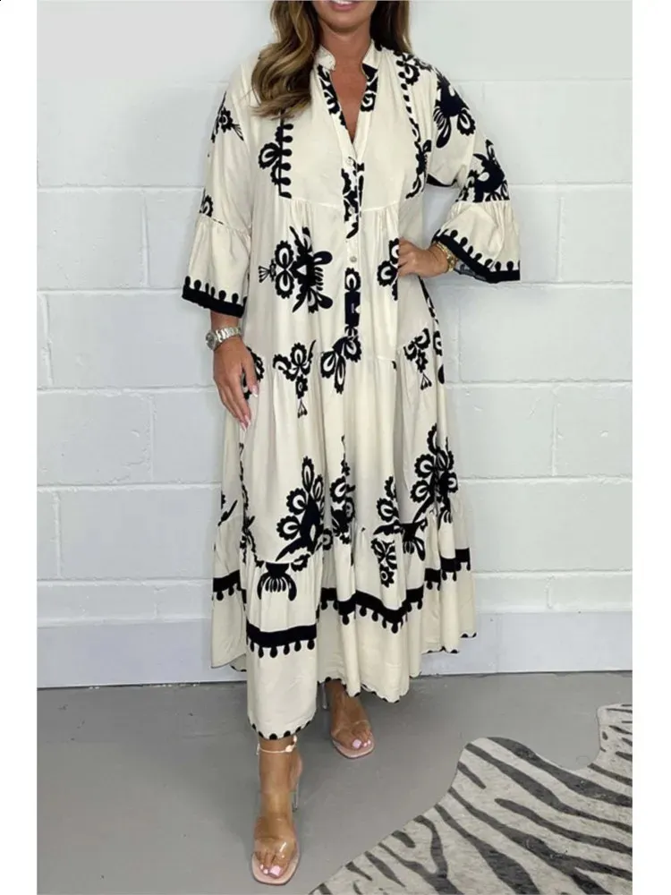 Bohemian Women's Ethnic Retro Kaftan Dress - Loose Fit, V-Neck, Button A-Line, 3/4 Sleeves, Perfect for Spring and Autumn