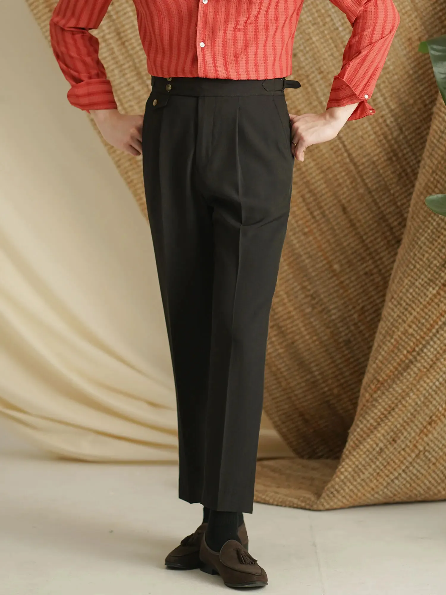 Men's Black Wool Dress Pants with Red Shirt and Brown Leather Shoes