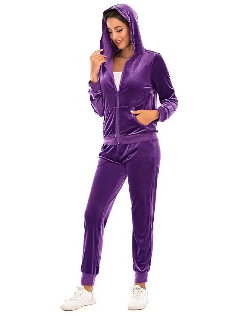 Velvet Tracksuit Set Womens 2-Piece Full Zip Hoodie Sweatpants