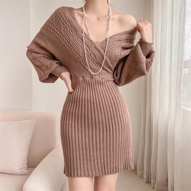 Batwing Sleeve Pencil Dress: Womens Deep V Neck Knit Sweater Dress