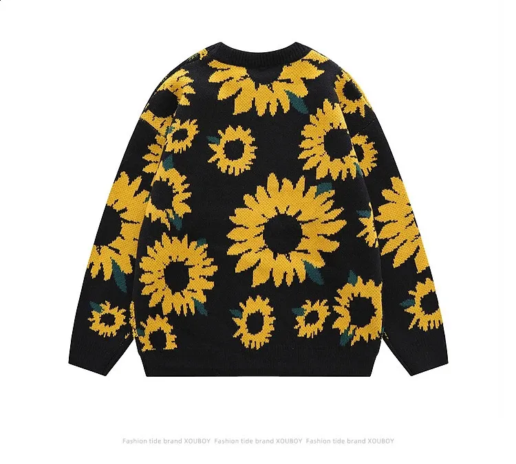 240827 Japanese Retro Sunflower Flocking Knit Sweaters For Men And