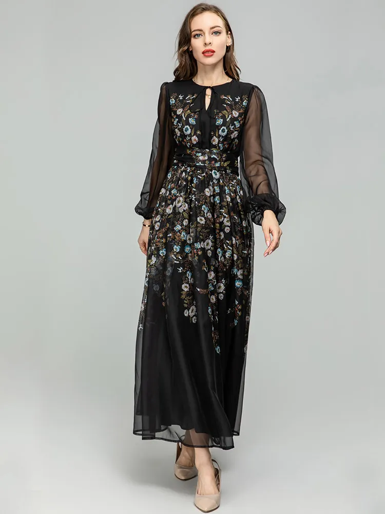 Womens Autumn Dress Floral Print V-Neck Long Sleeve A-Line Mid-Calf Dress  with Empire Waistline Polyester Cotton Blend from Dhgate Runway Dresses -  price 56.74