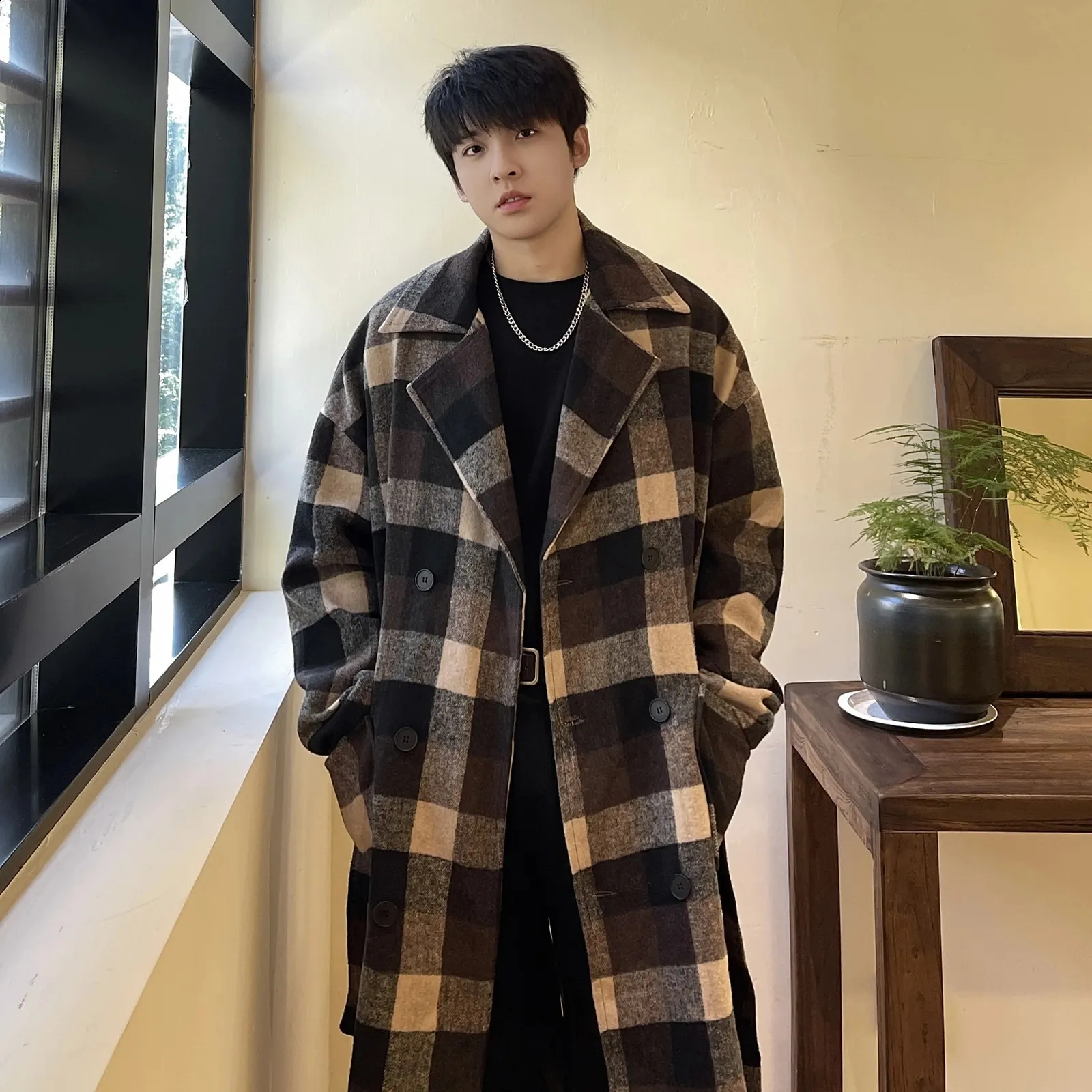 公式通販サイト - ファッション 通販 Korean Plaid trench jacket with Belt - Medium Length, Double ジャケット・アウター