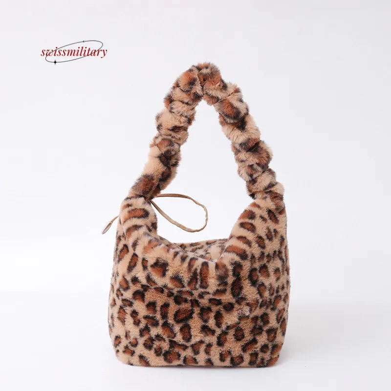 Leopard Print Plush Tote Bag Faux Fur Shoulder Bag for Women