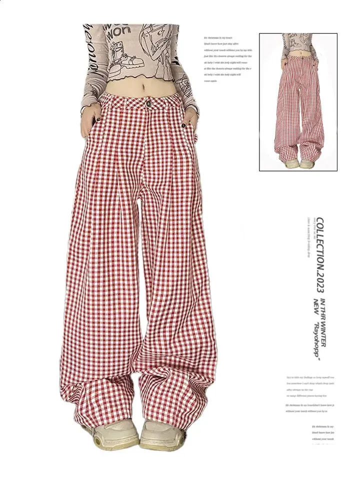 Womens Red Plaid Pants Baggy Streetwear 90s Aesthetic From