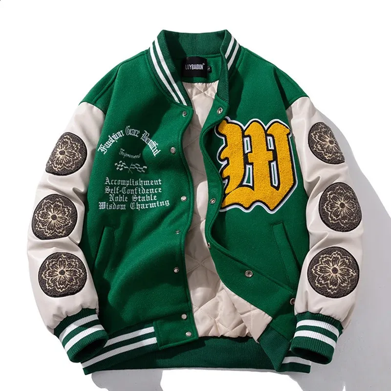 Vintage Varsity Jacket Men's Winter Letter Embroidery Baseball Coat,  Women's Leather Sleeve Fashion Wool Parka Green Casual Outerwear