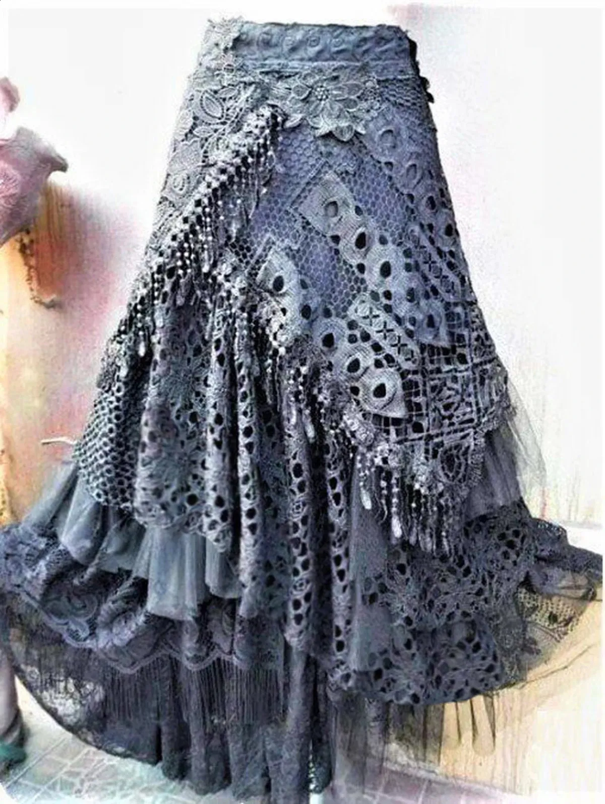 【BOHEMSEO】LACE MAXI SKIRT Vintage Y2K Bohemian Lace Maxi crochet a skirt with High