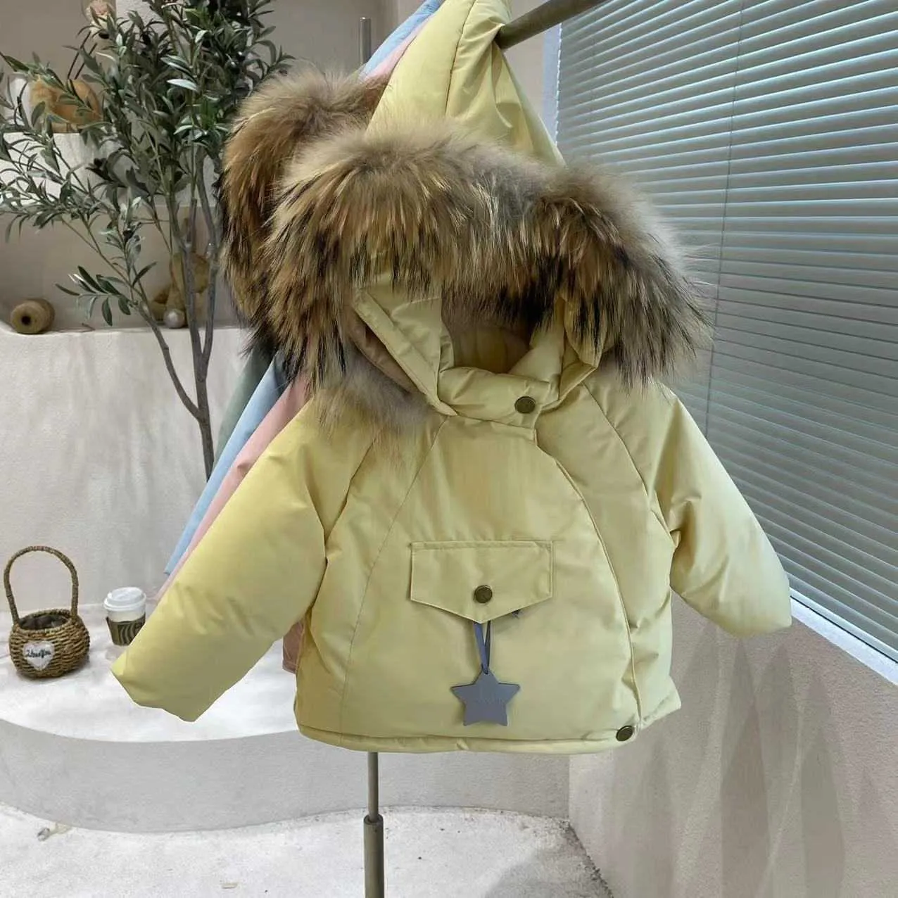 Children s Down Jacket with Fur Collar and Magic Pointed Hat for 2024 Winter Warm and Trendy Baby Coat