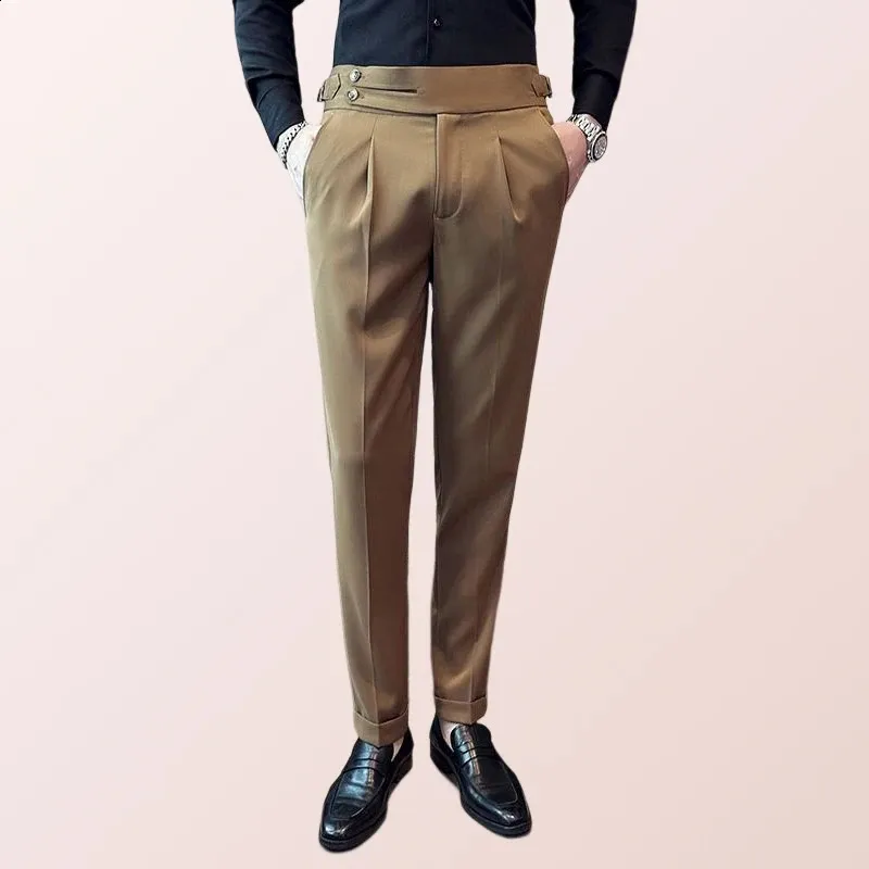 Brown Suit Trousers Mens Slim Fit British Style Casual Dress Pants