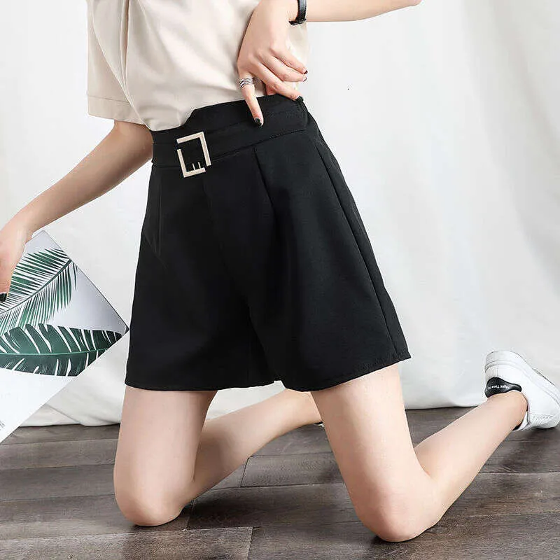 High Waist Black Wide Leg Shorts with Belt - Casual Korean