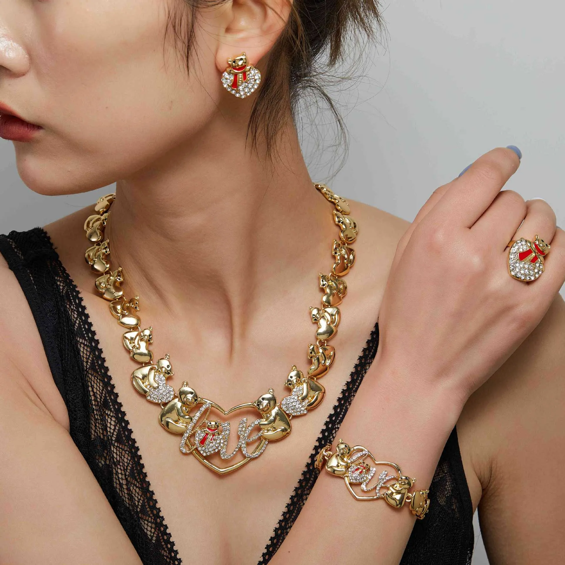 Charming Women's Jewelry Set XOXO Teddy Bear Necklace, Heart Charm Ring,  Bracelet Earrings 18K Gold Plated Fashion Jewelry - Main Image