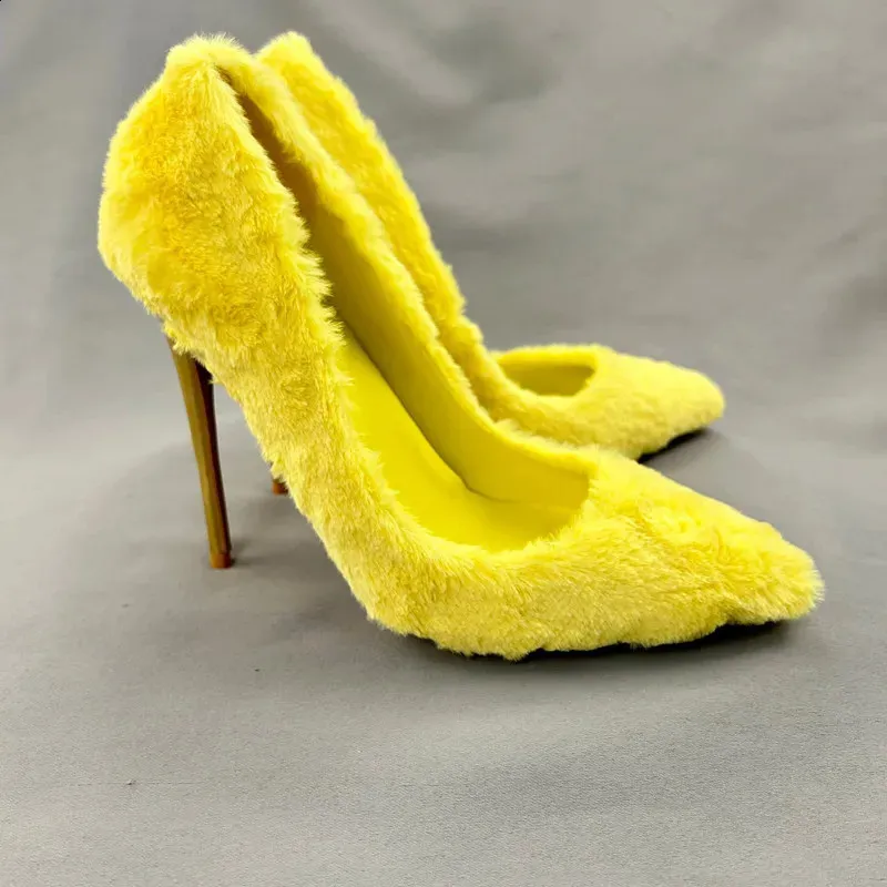 Yellow Faux Fur Wedding Shoes High Heels Pump Womens Pointed Toes