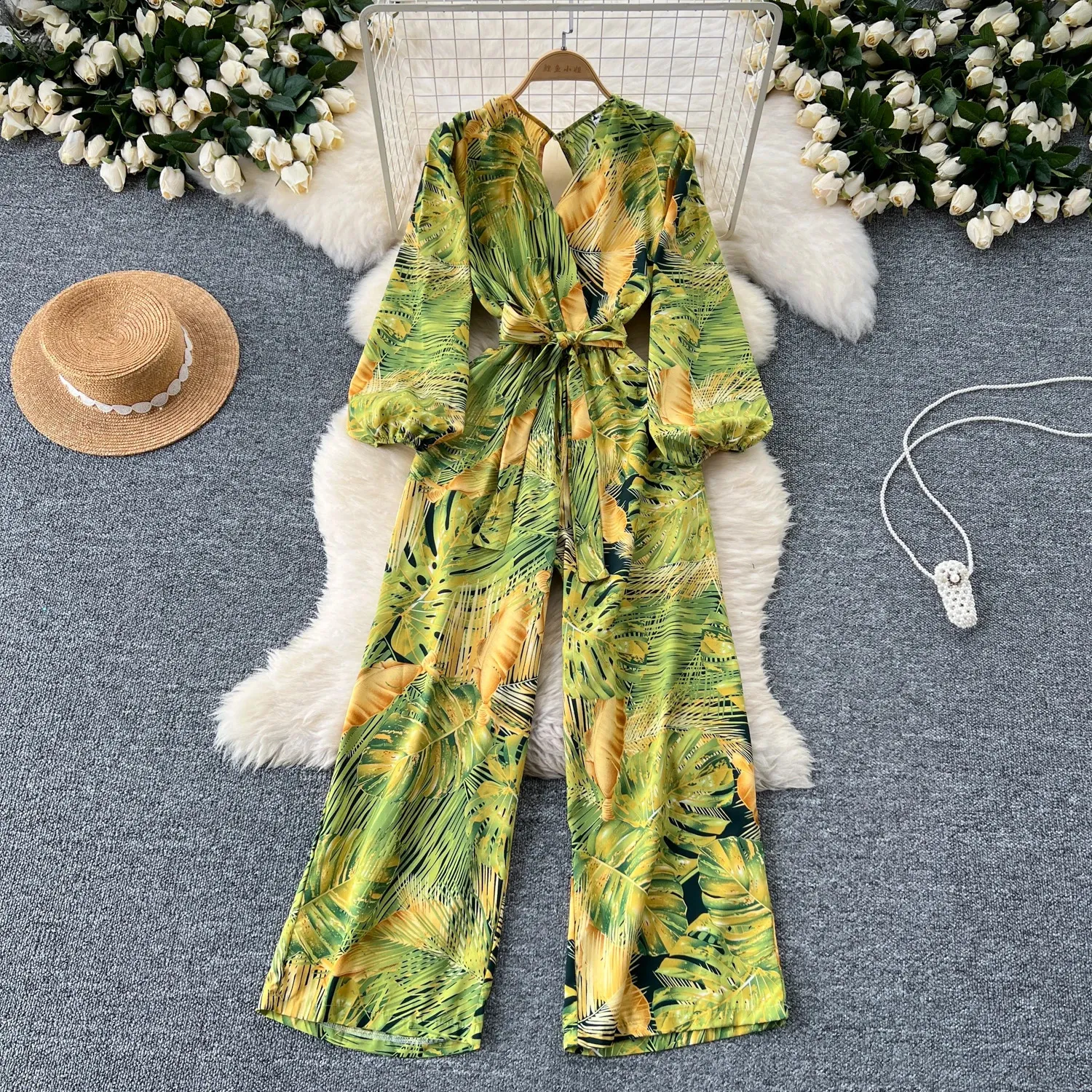 Elegant Printed Wide Leg Jumpsuit: Spring/Autumn V-Neck
