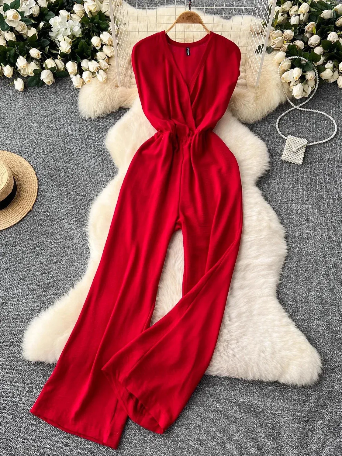 Save Big on Bulk Beach Jumpsuits And Rompers Women's Summer Casual  Jumpsuits: Sleeveless V Neck Wide Leg Rompers (Red/Pink/Blue/Black) Best  Deals on