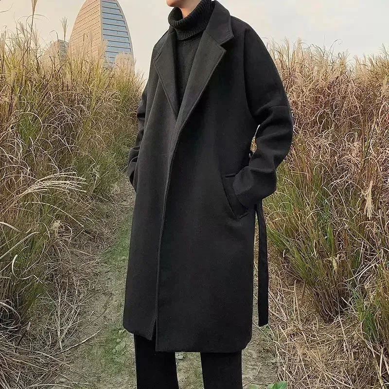 Korean Trend Men's Long Windbreaker coat - Autumn/Winter Fashion, Loose Fit, Casual Single-Breasted Overcoat (240827)