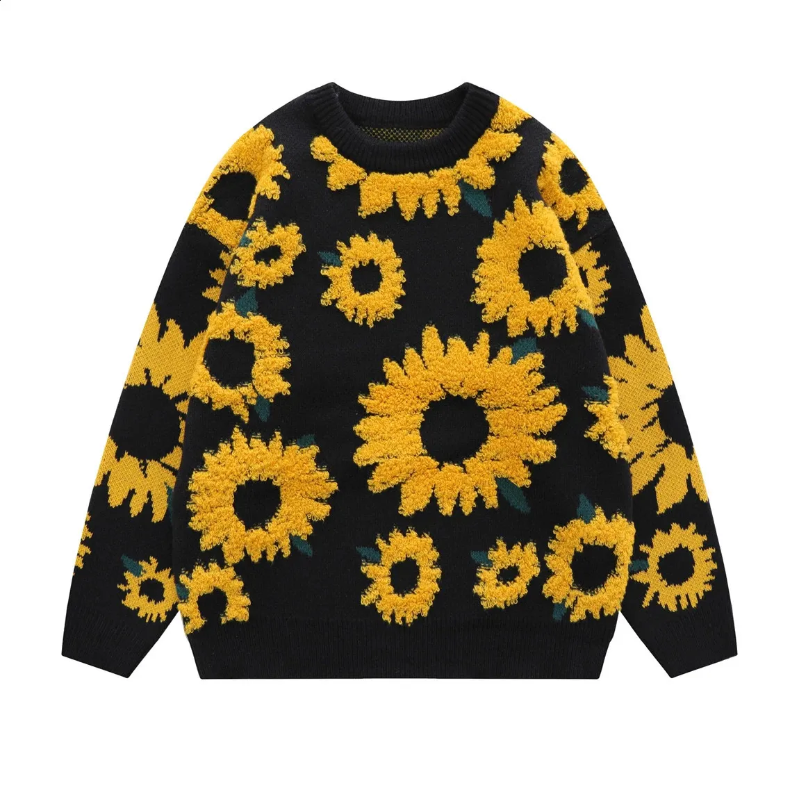 Sunflower セーター 240827 Japanese Retro Sunflower Flocking Knit Sweaters For Men And