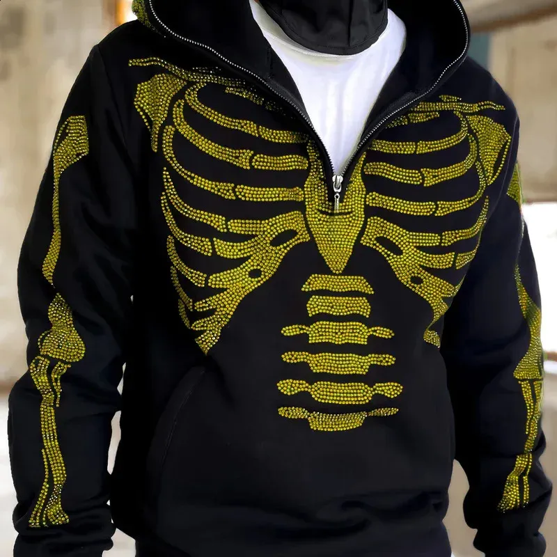 Rhinestone Skeleton Zip Up Hoodie: Oversized Gothic Jacket