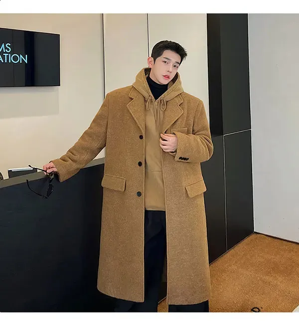 Mens Long Winter Trench Coat 100% Wool Thick Camel Overcoat for