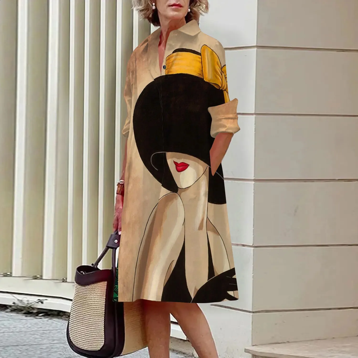 Summer Printed Women's Midi Dress with Sleeves with Collar and Temperature Pocket - Loose Fit and Sexy Fashion Clothing (240828)