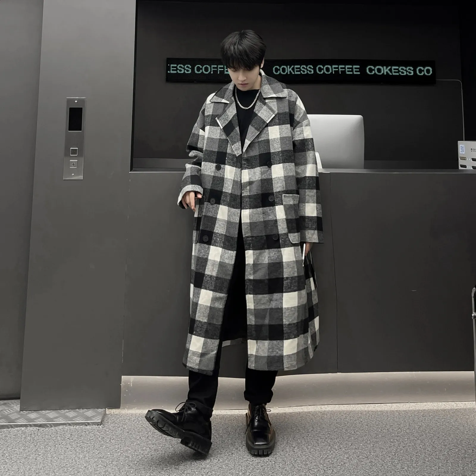 Korean Plaid trench jacket with Belt - Medium Length, Double