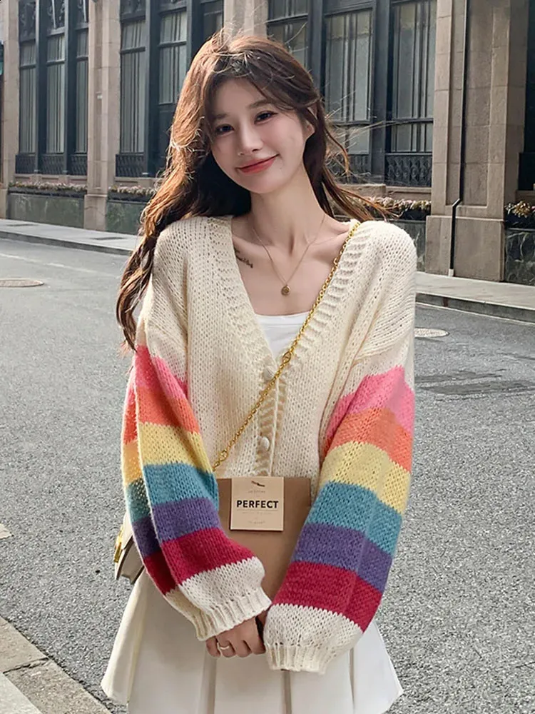 Save Big on Bulk Korean Cardigan Top Spring Cardigan Sweaters Rainbow Knit  Coat: Women's Casual V Neck Loose Long Sleeve Top, Korean Style Colorful