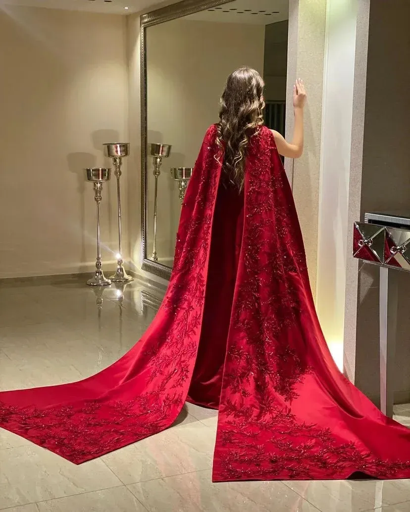 strapless open back dress Red Wedding Cape Taffeta Puffy Fashion Cloak For Lady – TANYA BRIDAL main image 0