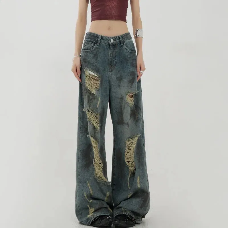 Oversized Wide Leg Denim Trousers - Y2k Ripped Jeans, Shop