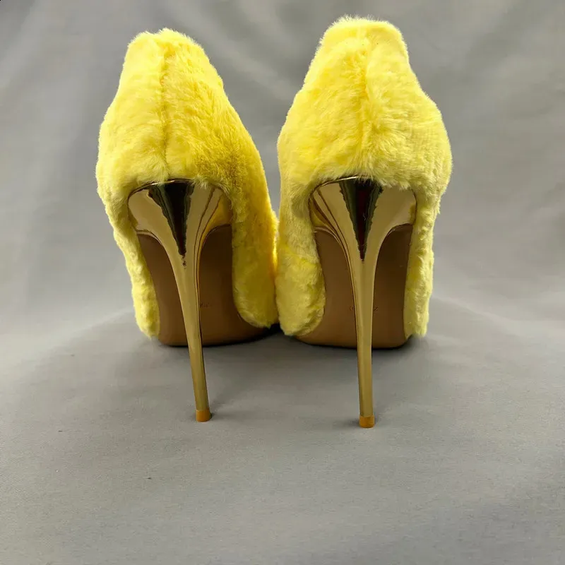 Yellow Faux Fur Wedding Shoes High Heels Pump Womens From