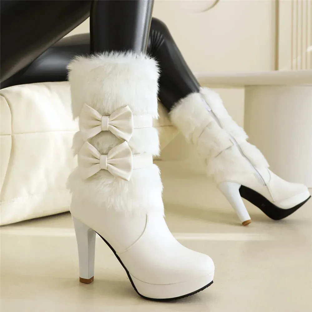 Winter Fashion Womens Fur High Heel Boots With Fur Tassel Bow Pink White And Black Cute Lolita Style Zipper Closure Perfect For Parties And Weddings Available In Sizes 33 43 240827 From