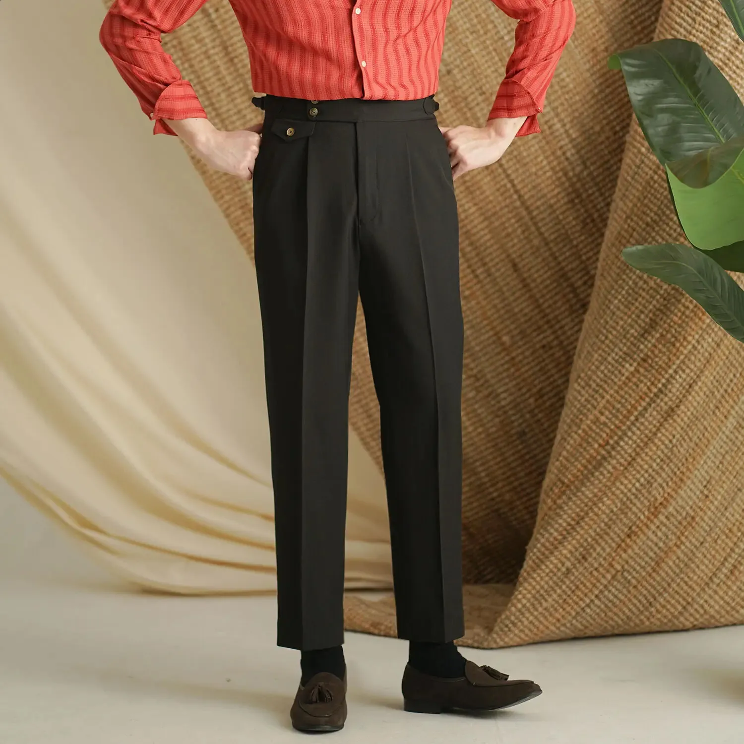 Men's Black Wool Dress Pants with Red Shirt and Brown Leather Shoes