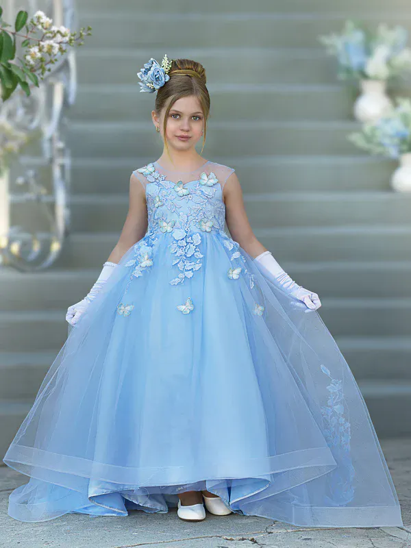 Ball Gown Flower Girl Dresses With Blue Ribbon Sky Blue Sleeveless