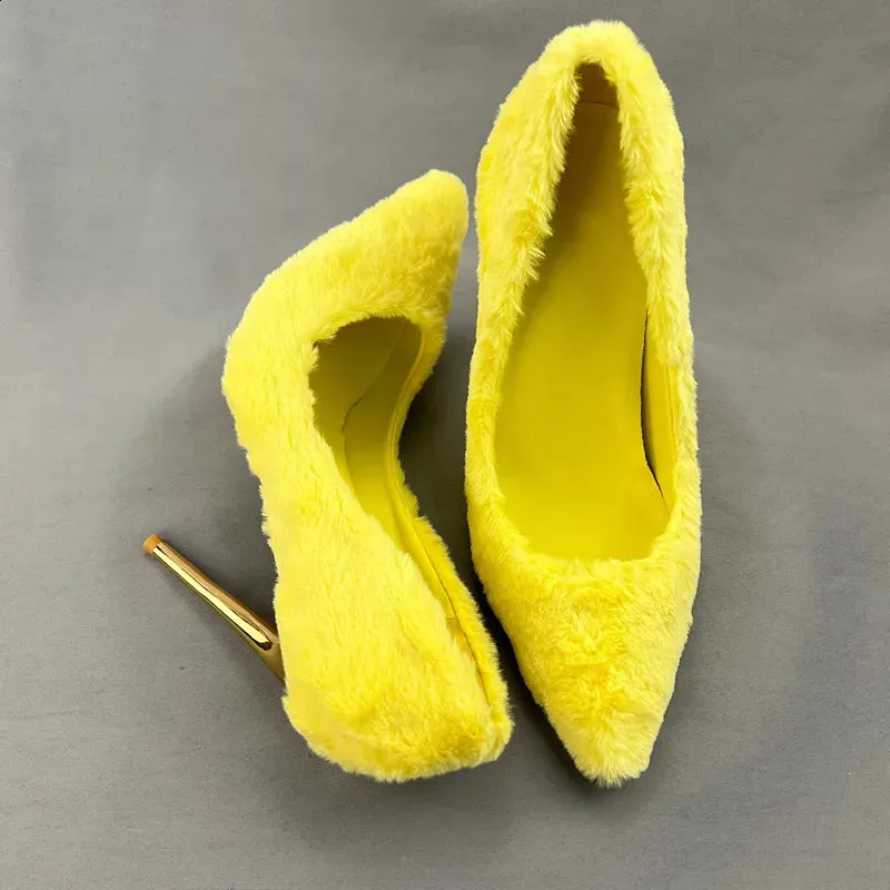 Yellow Faux Fur Wedding Shoes High Heels Pump Womens From