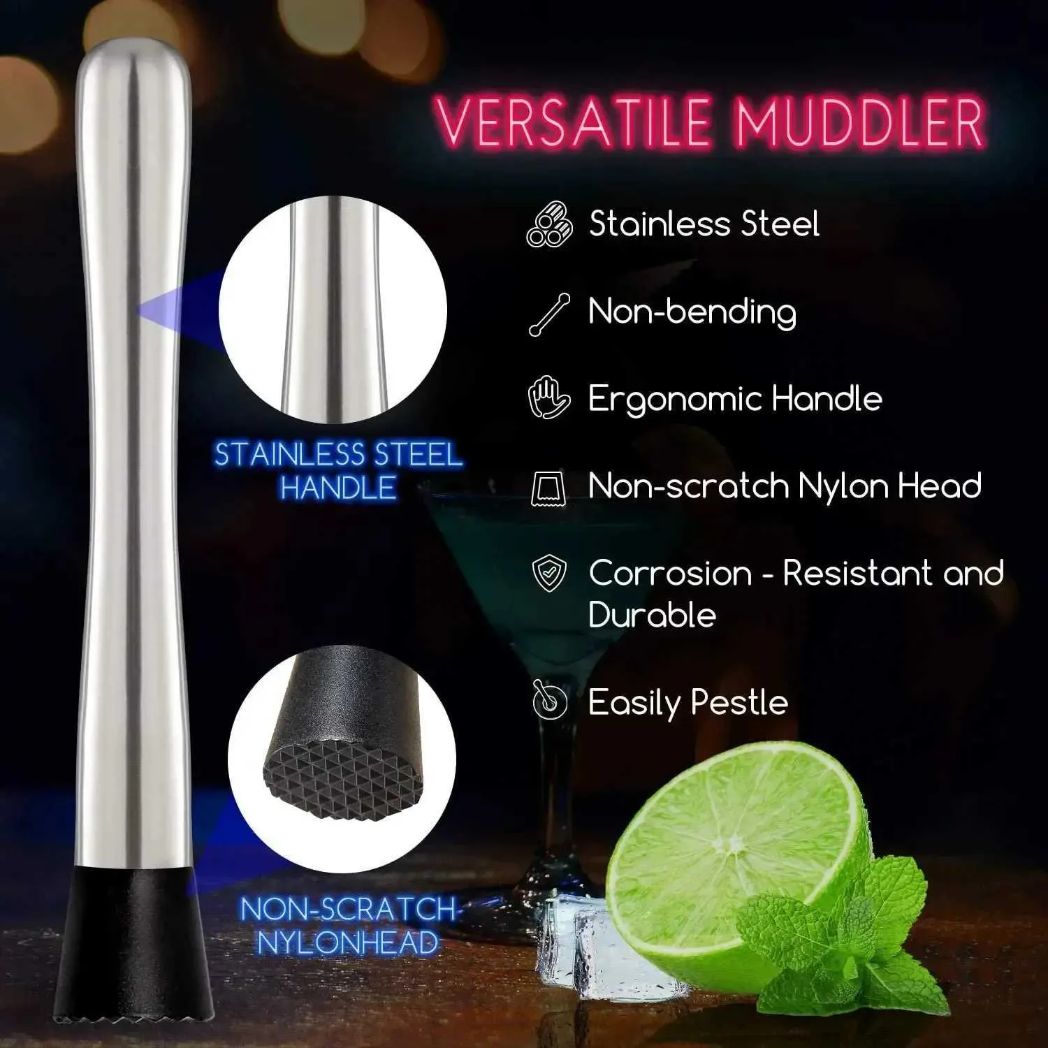 Stainless Steel Cocktail Muddler With 1 Mixing Spoon, Home Bar Tool Set