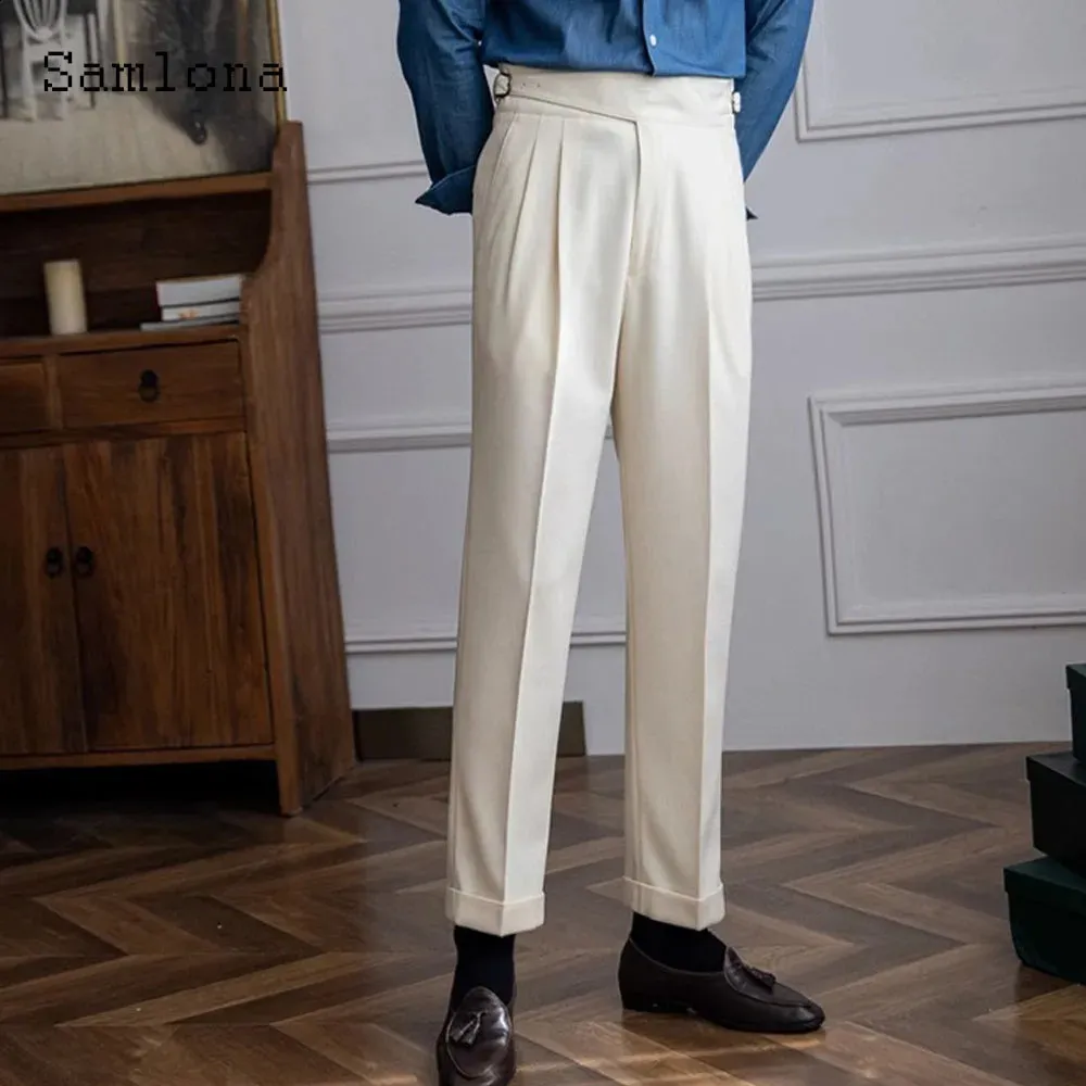 Mens High Waisted Dress Pants Elegant Pure White Ankle Length