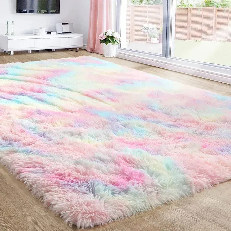 Rainbow Fluffy Rug For Girls Bedroom, Nursery, And Playroom Soft