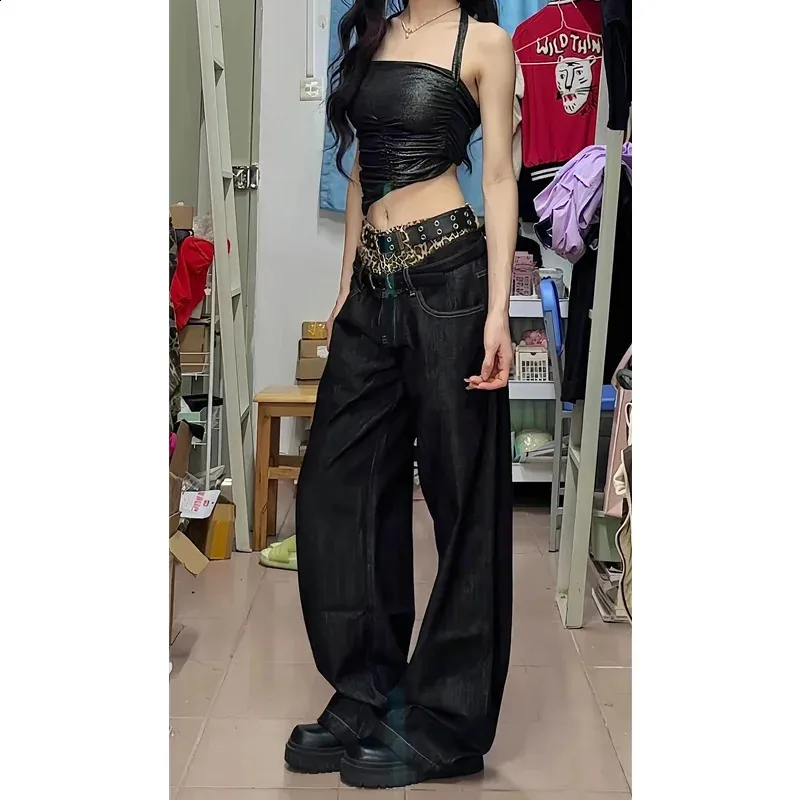 Y2K Harajuku Style Black Jeans with Bag Detail - 90s Retro