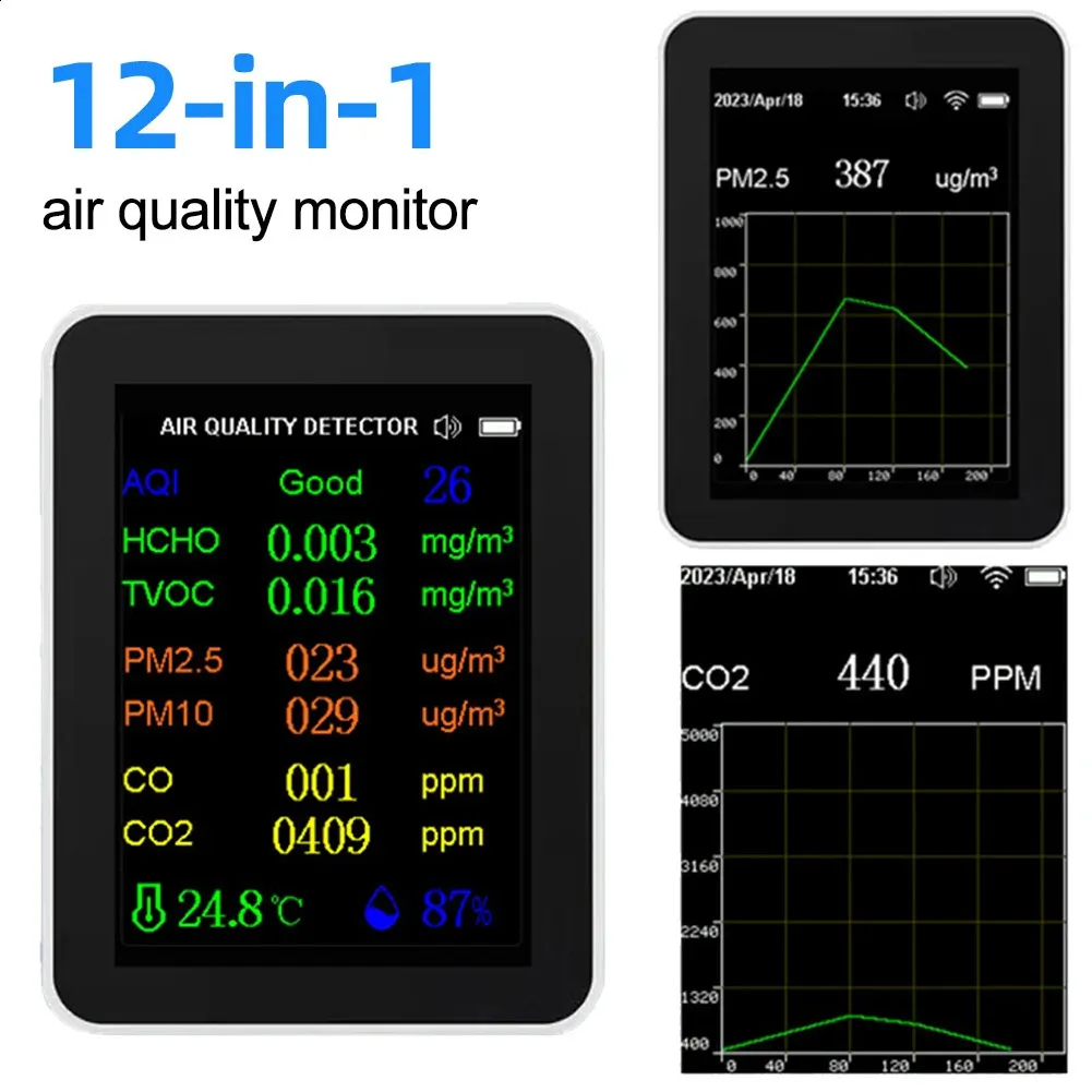 8 In One Air Quality Monitor Pm2.5 Detector Hcho Tvoc Temperature Humidity Aqi Meter With Lcd Display 24 Hours Real Time Monitoring - View #3