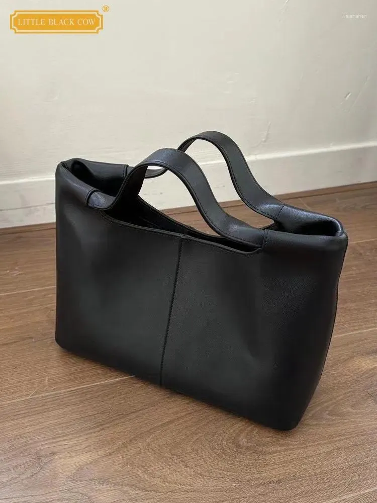 Vintage Cow Split Leather Simple Black Shoulder Bag For Women 