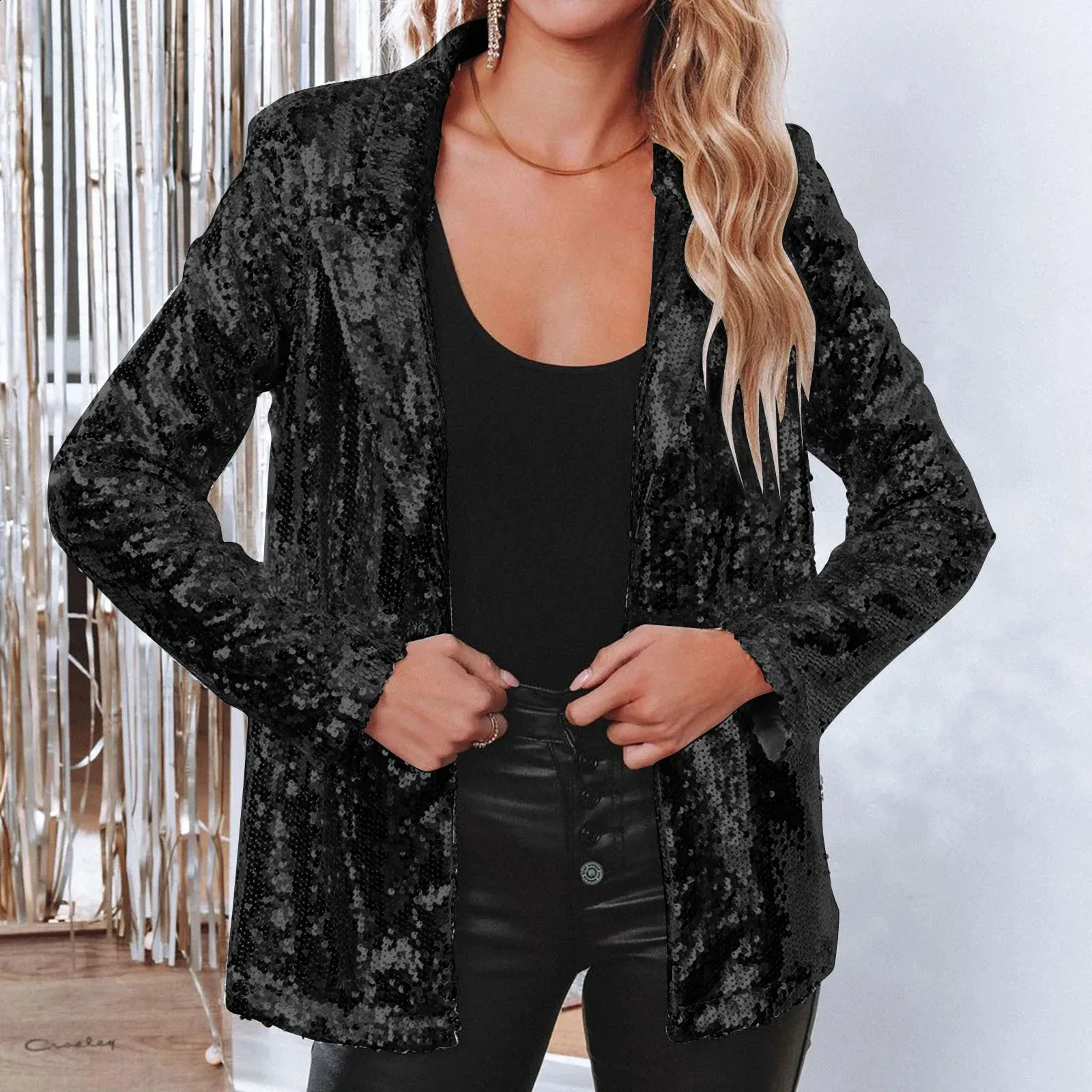 Women's Sequin Jackets Open Front Blazer Jacket Casual Long Sleeve Sparkly Cardigan Coat With Pocket Party Suit Jacket