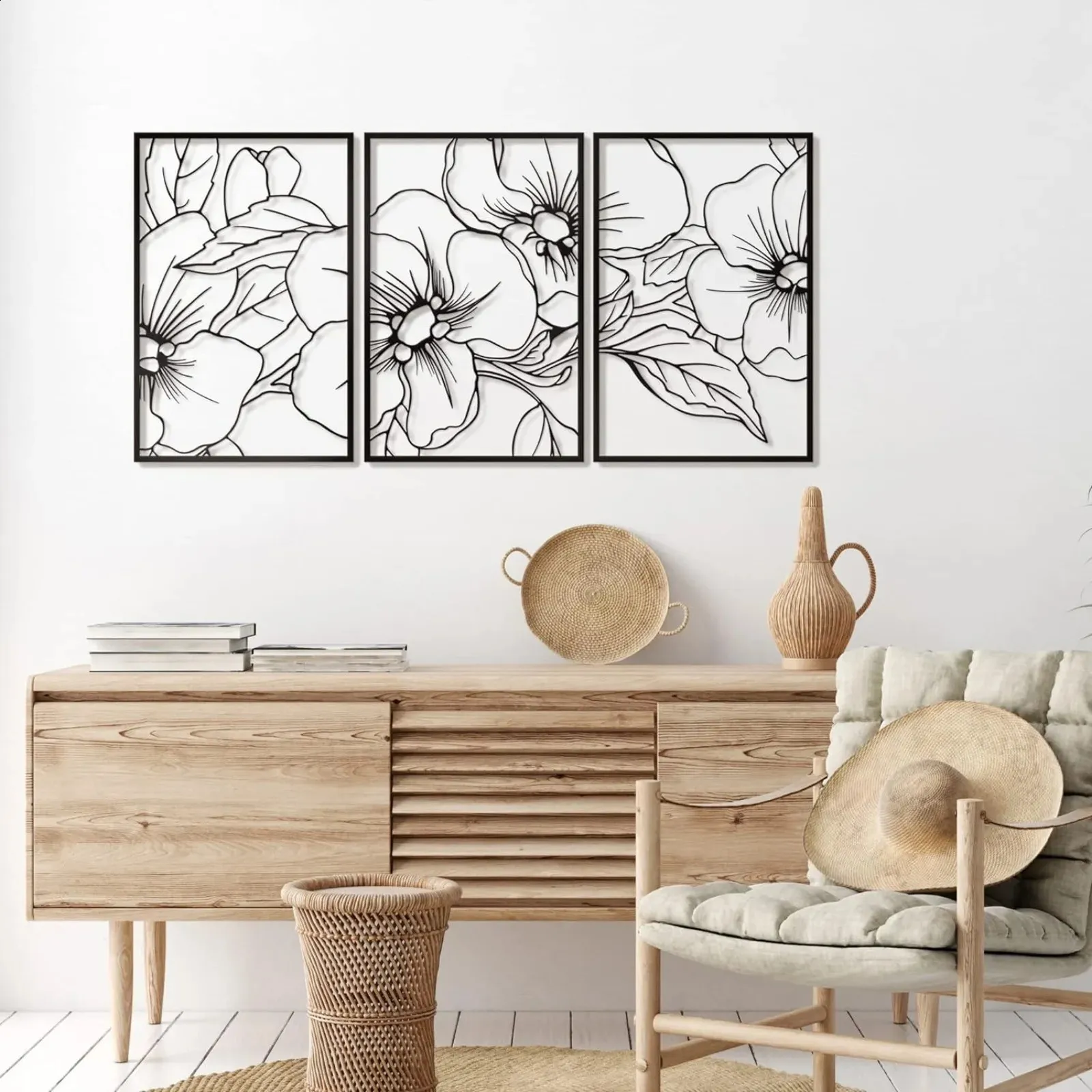 3 Pièces Décoration Murale Fleurs En Métal Noir - Sculpture Murale Minimaliste 15x35 Cm, Intérieur/extérieur