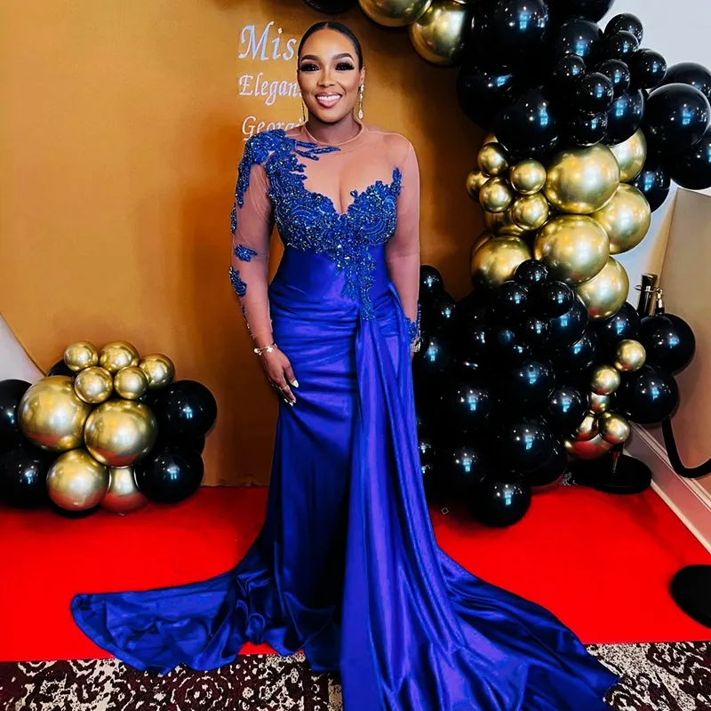Mermaid Royal Blue Plus Size Satin Prom Dress with Beadings LBQ0194 main image 1