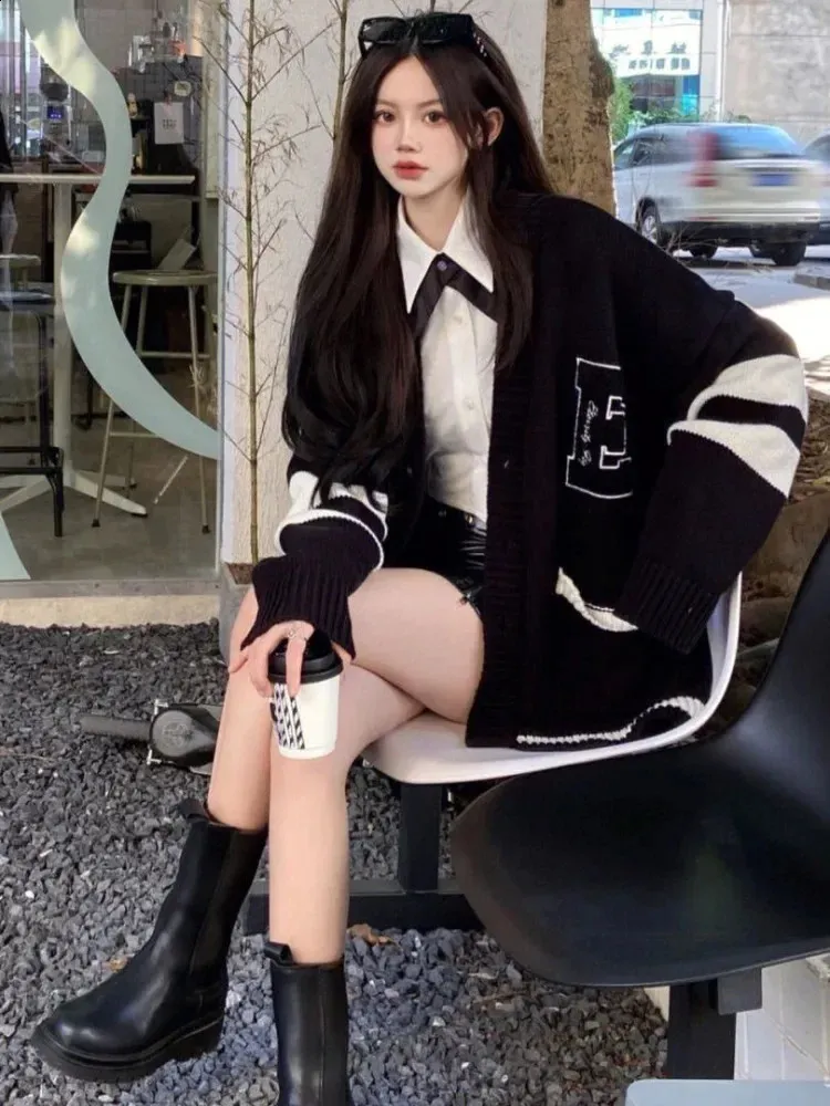 Korean Cardigan: Oversized Black Knit Top, Preppy From