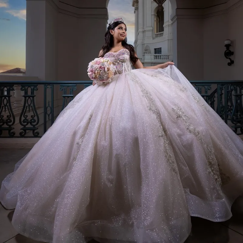 Off Shoulder Ivory Lace Quinceanera Dress with Glitter Bow Beads and Crystal Corset
