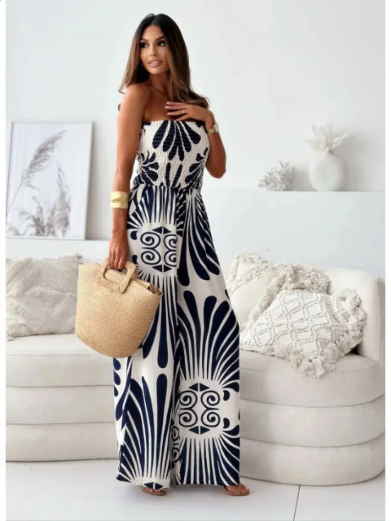 Sexy Jumpsuit: Elegant Shoulder High Waist Patterned Holiday