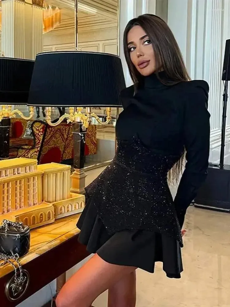 knee length dresses for ladies Black Floral Lace Long Sleeve Ruffle Hem Mini Dress