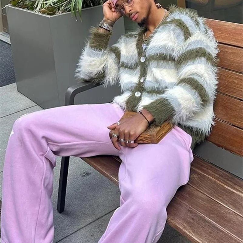 Mens Open Front Sweater Hooded Cardigan Sweater: Plush Striped